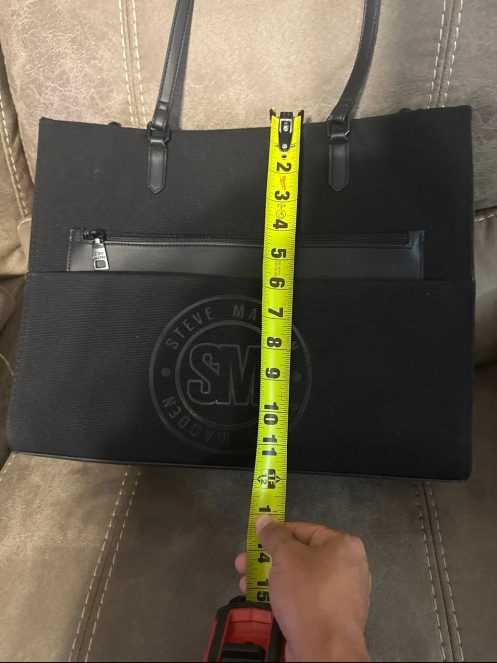 Steve Madden Black Messenger Tote with Front Zip Pocket